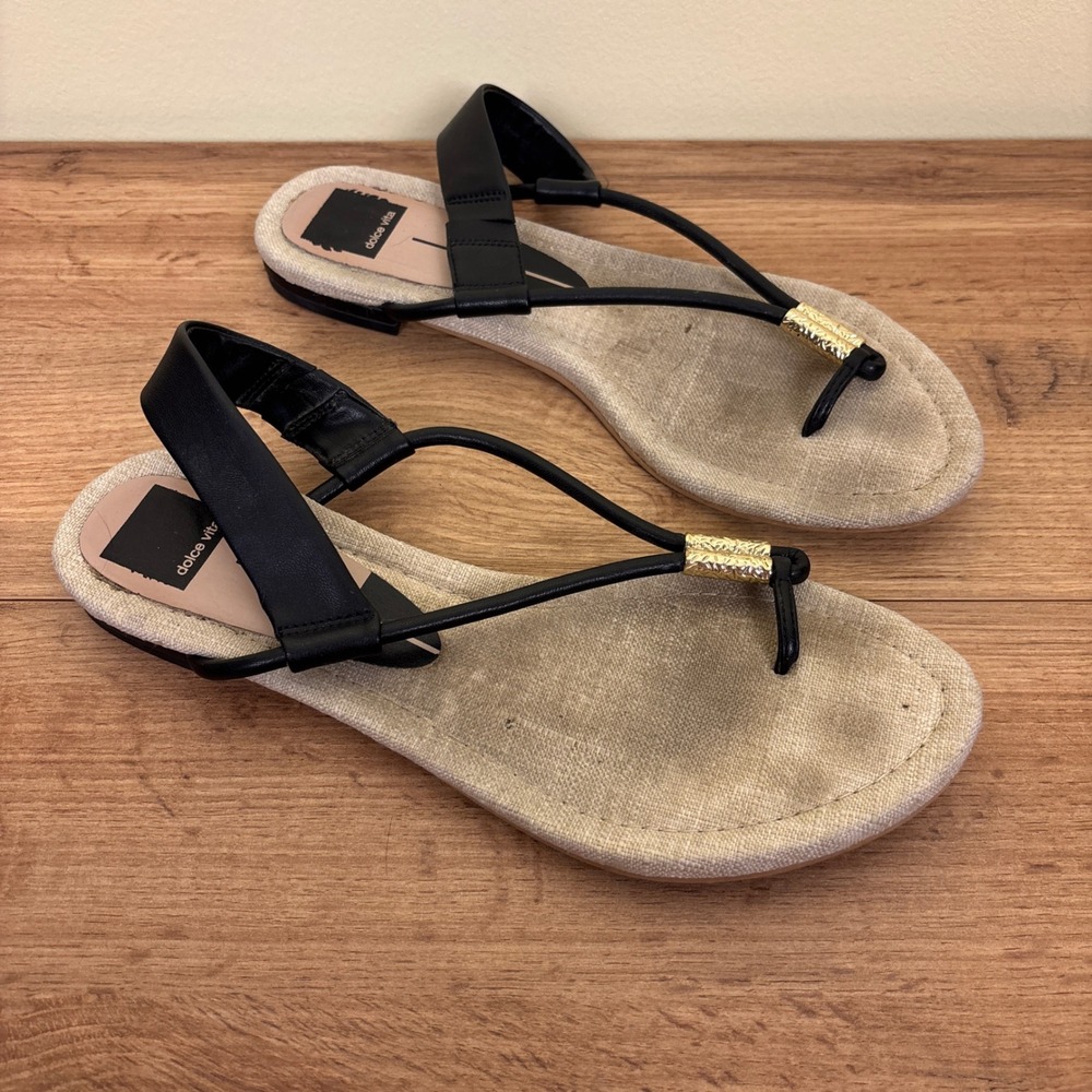 DOLCE VITA Bacey Strap‎ Sandal In Black Women Size 10 Flat Casual Summer Gold